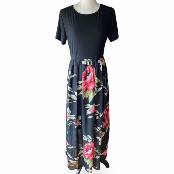 Chelsea Taylor Black Short Sleeve Floral Flared Chiffon Maxi Dress 8 grunge 90s - Picture 1 of 12